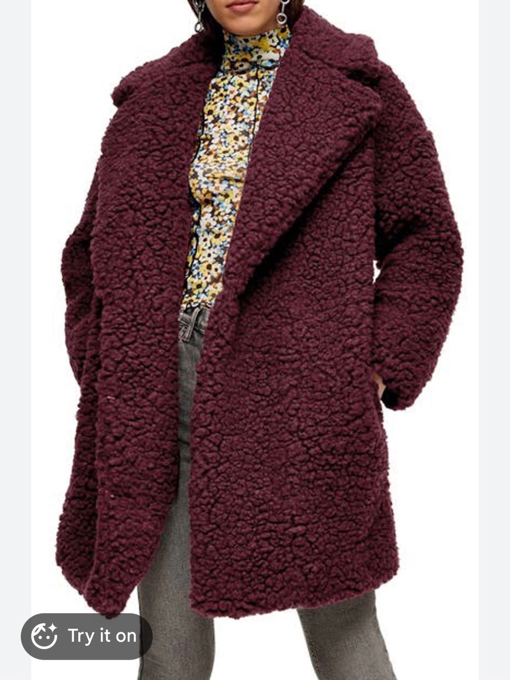 NWT Topshop Frenchy Big Borg Teddy Coat Burgundy Size 10 Oversized